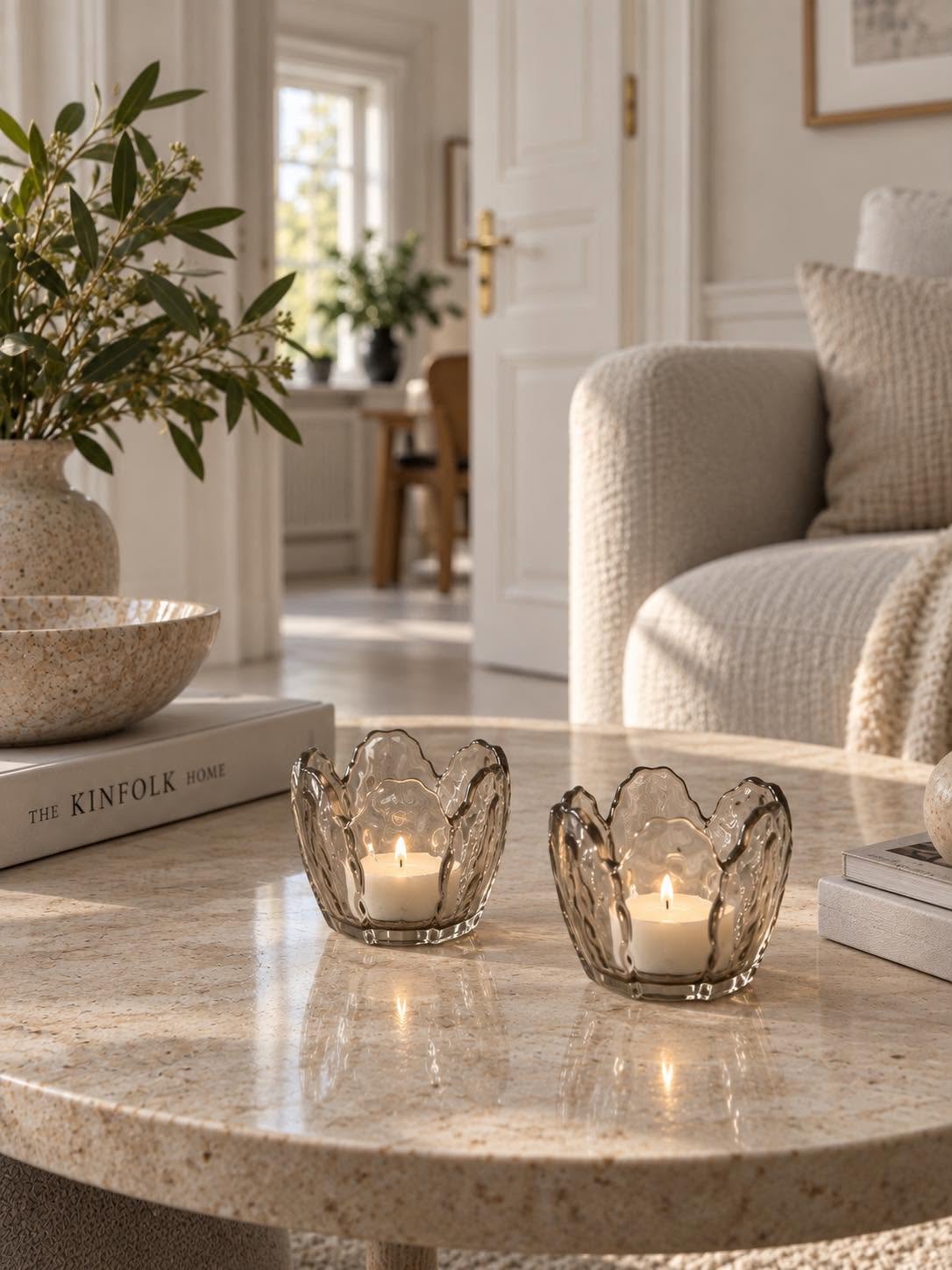 Photophore beige fleur - Lot de 2