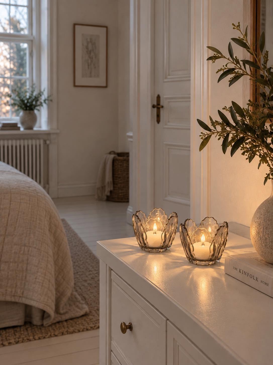 Photophore beige fleur - Lot de 2