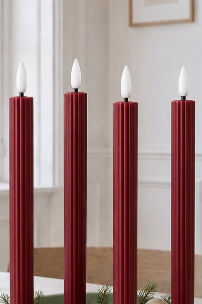 Bougies chandelles LED rainurées avec télécommande - Rouge, 4 pcs