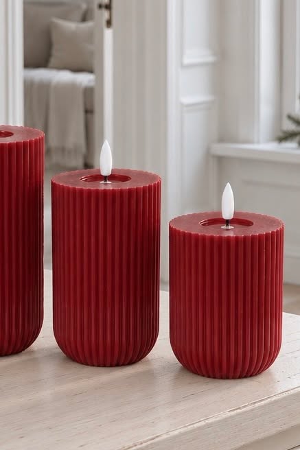 Bougies bloc LED rainurées Rouge - lot de 3 avec télécommande