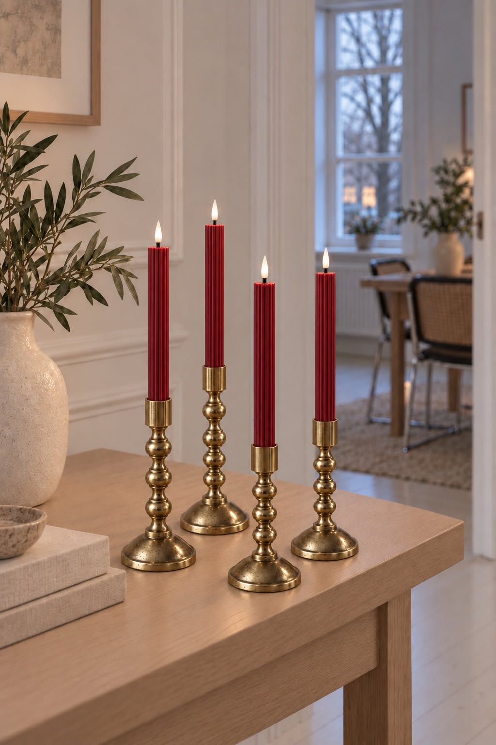 Bougies chandelles LED rainurées avec télécommande - Rouge, 4 pcs