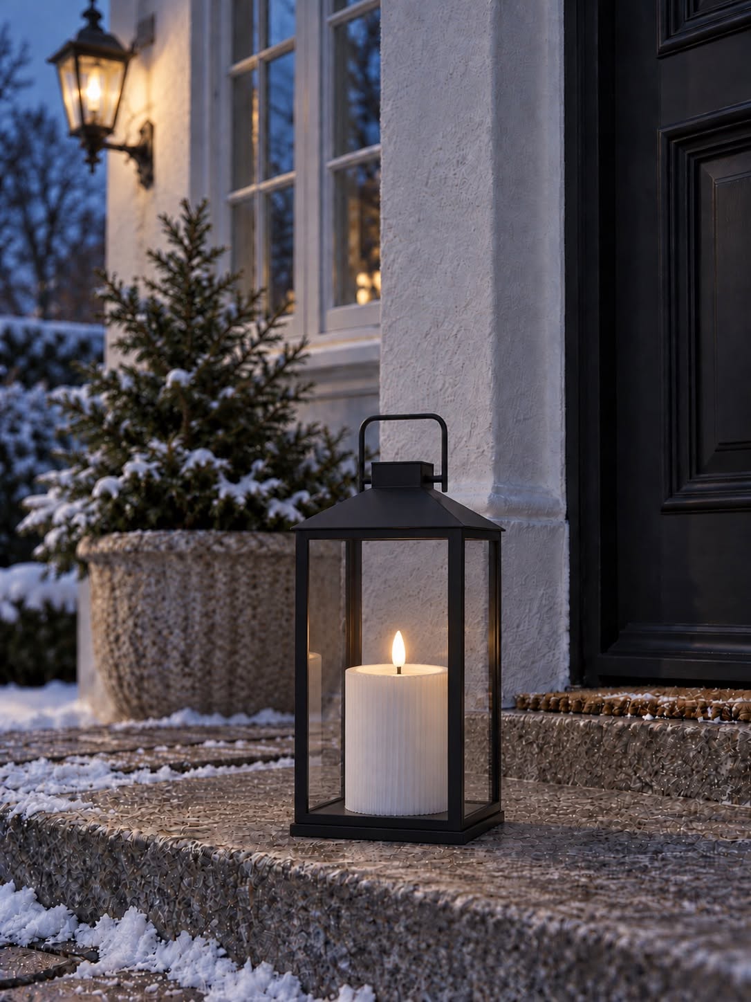Bougie LED bloc d'extérieur - Blanche avec rainures 12,5 cm
