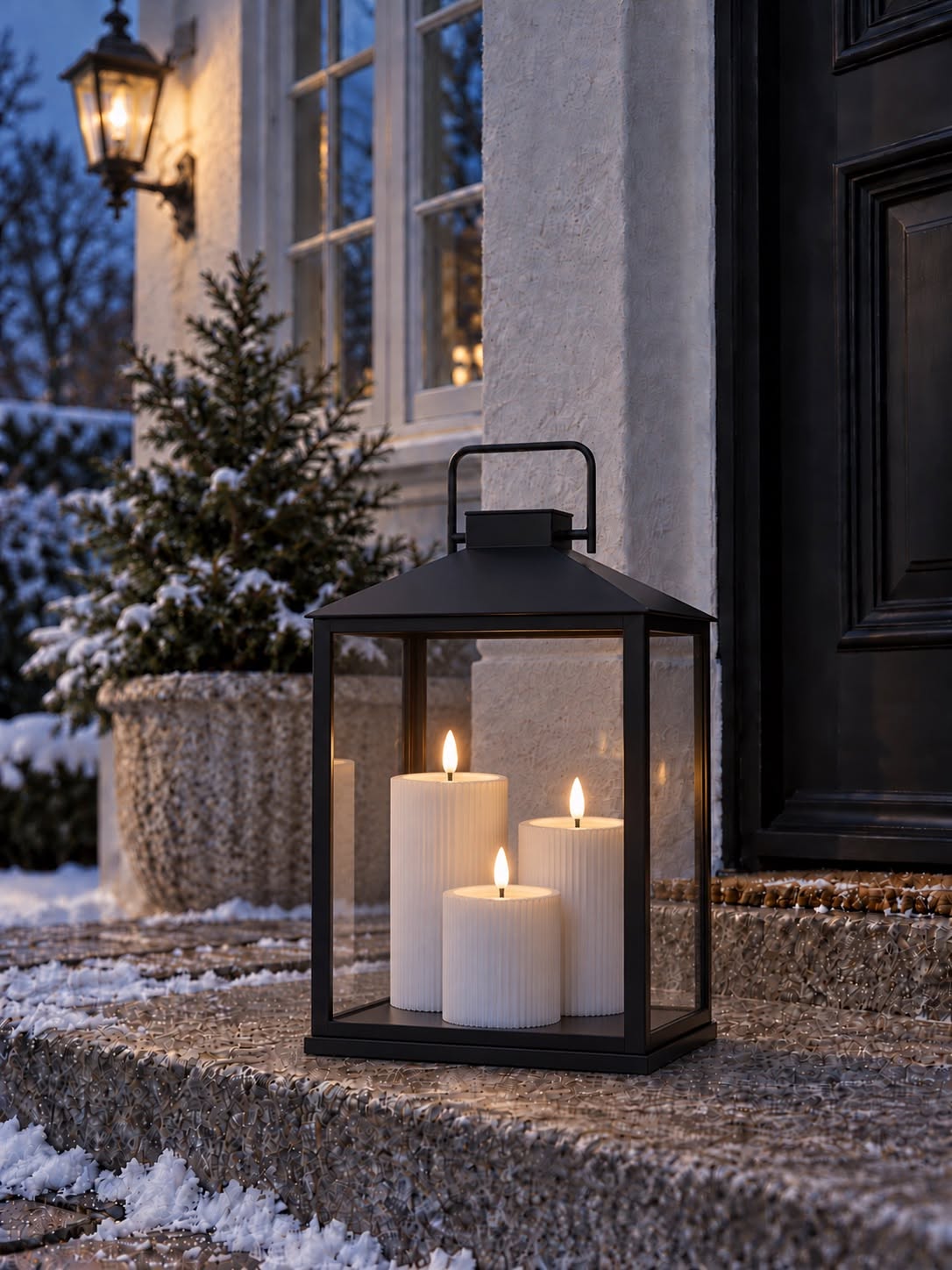 Bougie LED bloc d'extérieur - Blanche avec rainures 12,5 cm