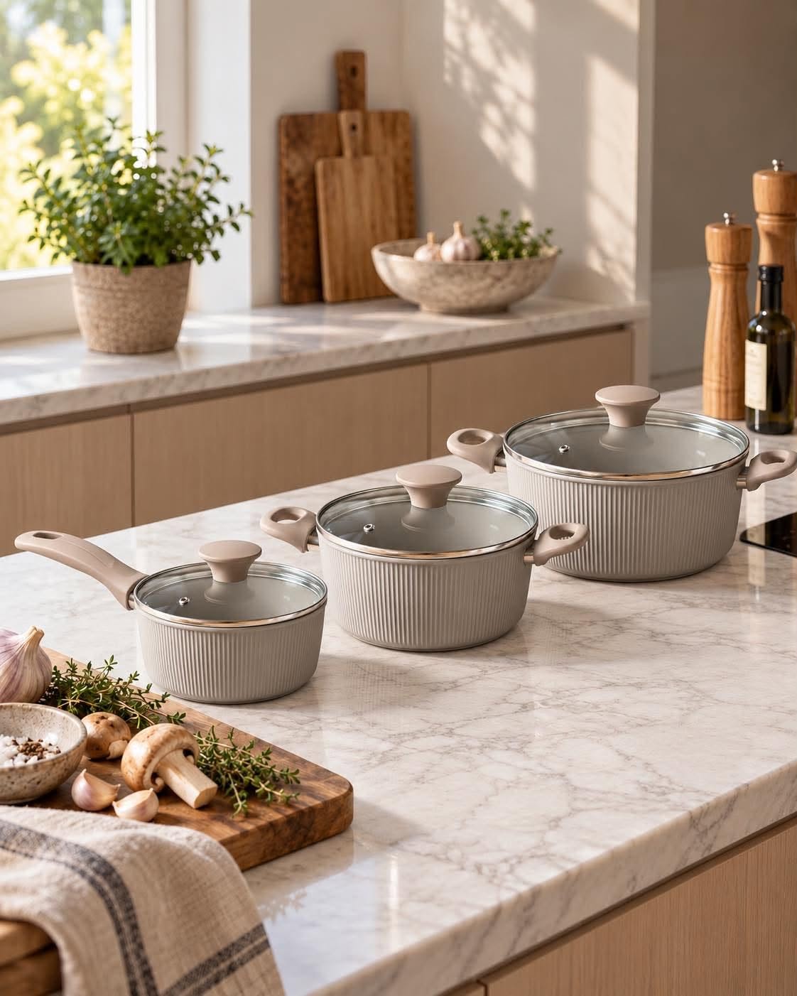 Batterie de cuisine avec couvercles - lot de 3 rainurées