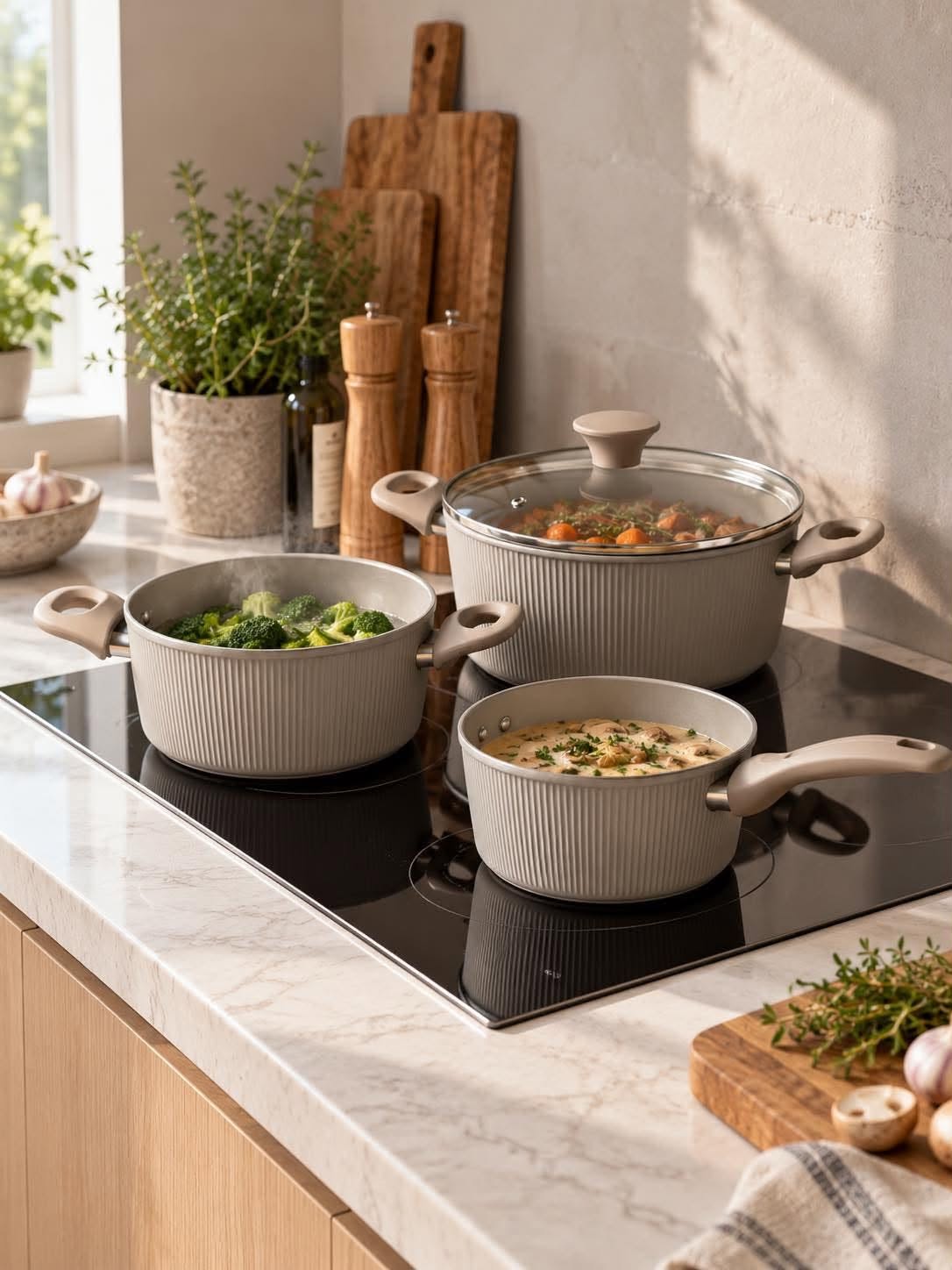 Batterie de cuisine avec couvercles - lot de 3 rainurées