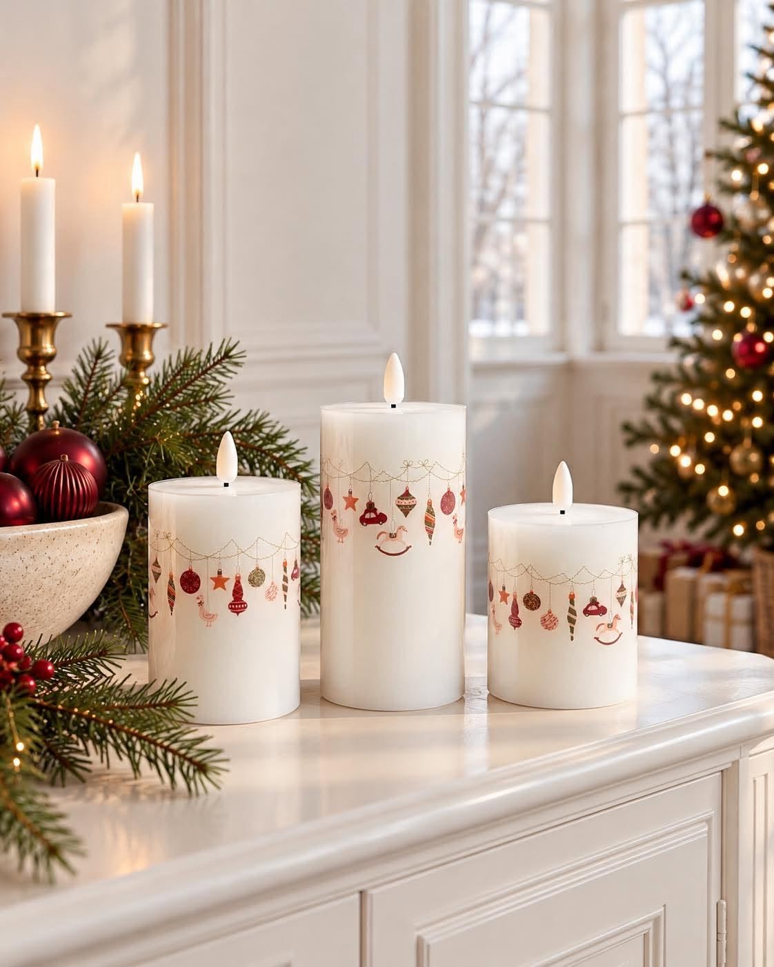 Bougies piliers LED de Noël - lot de 3 avec télécommande
