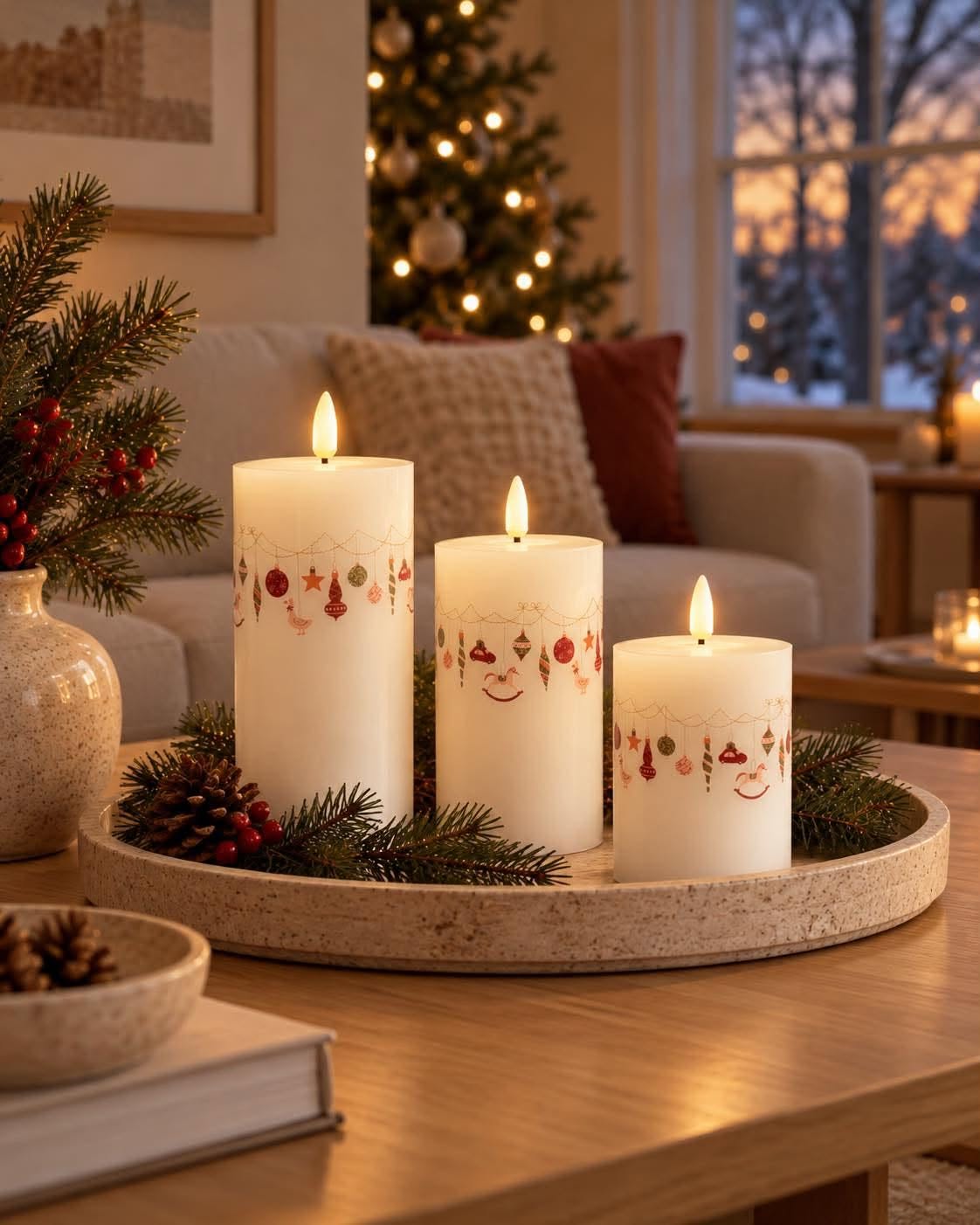 Bougies piliers LED de Noël - lot de 3 avec télécommande