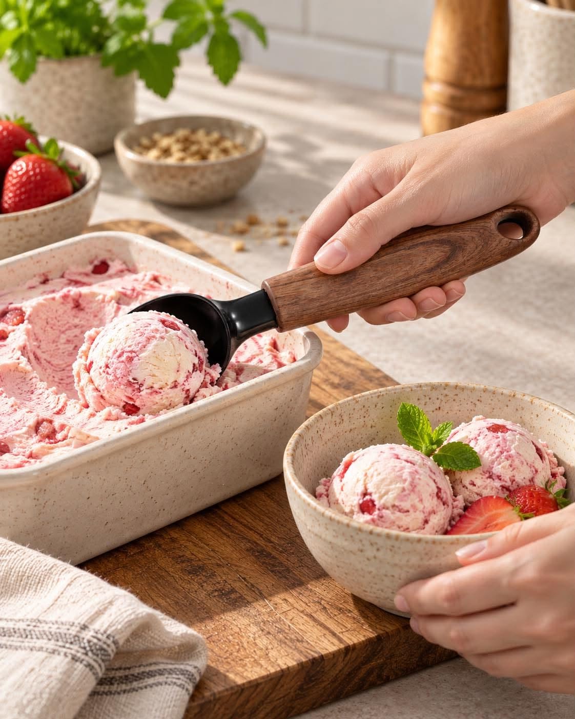 Cuillère à glace - noire avec manche en bois