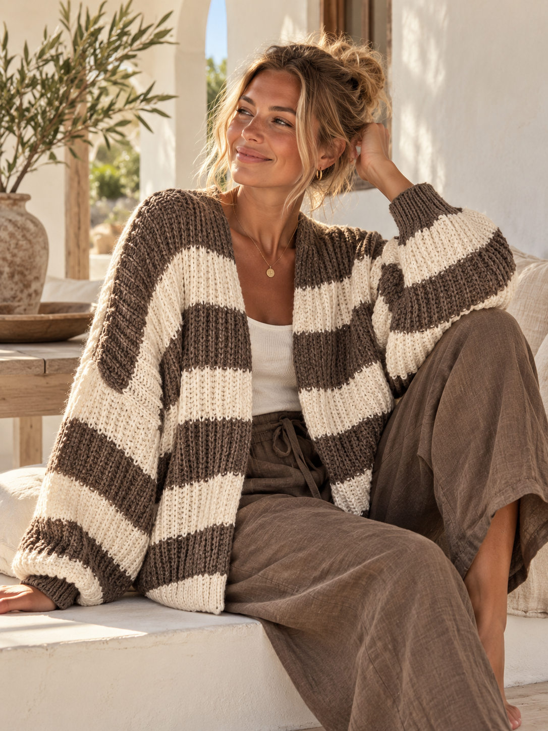 Cardigan chunky – brun et beige