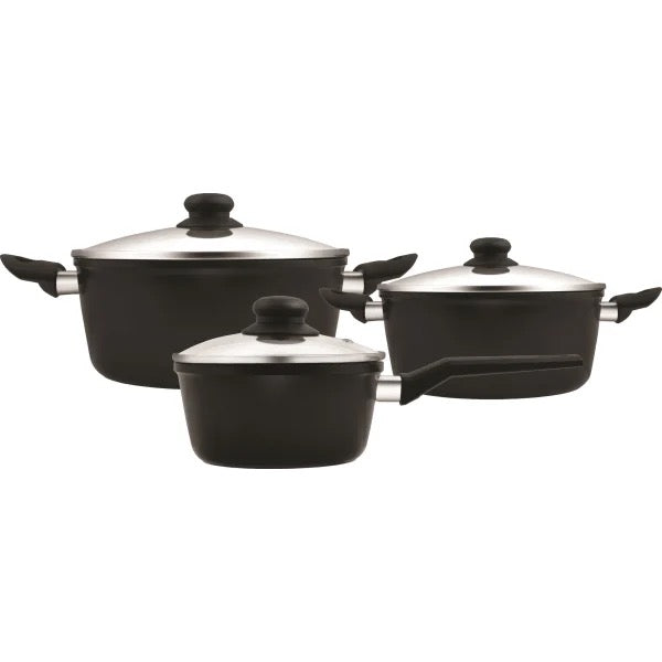 Batterie de cuisine - 3 pièces avec couvercles en verre - Aluminium/revêtement céramique