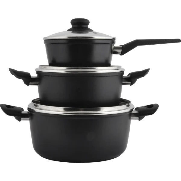 Batterie de cuisine - 3 pièces avec couvercles en verre - Aluminium/revêtement céramique