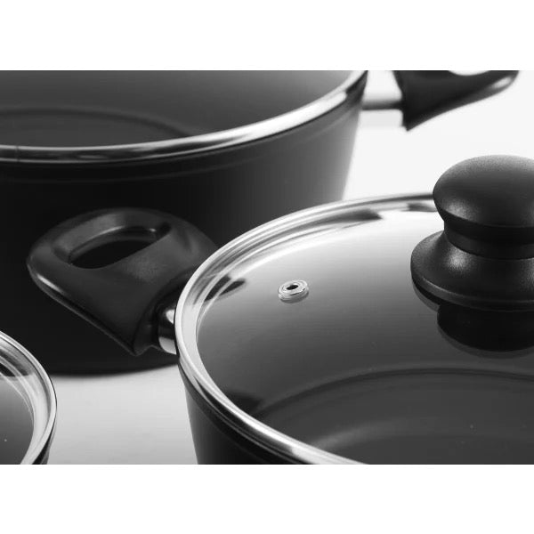 Batterie de cuisine - 3 pièces avec couvercles en verre - Aluminium/revêtement céramique