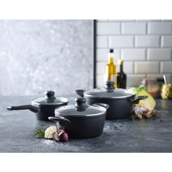 Batterie de cuisine - 3 pièces avec couvercles en verre - Aluminium/revêtement céramique