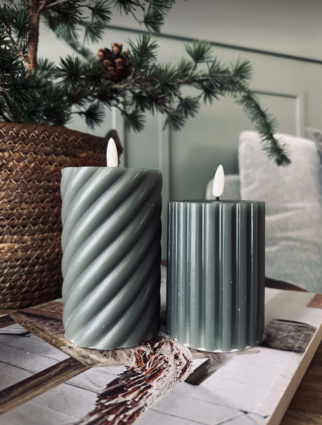 Bougie LED cylindrique / Design – lot de 2 vert rayé