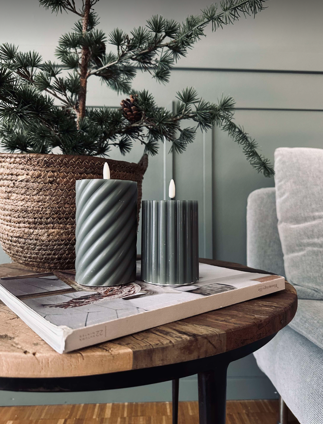 Bougie LED cylindrique / Design – lot de 2 vert rayé