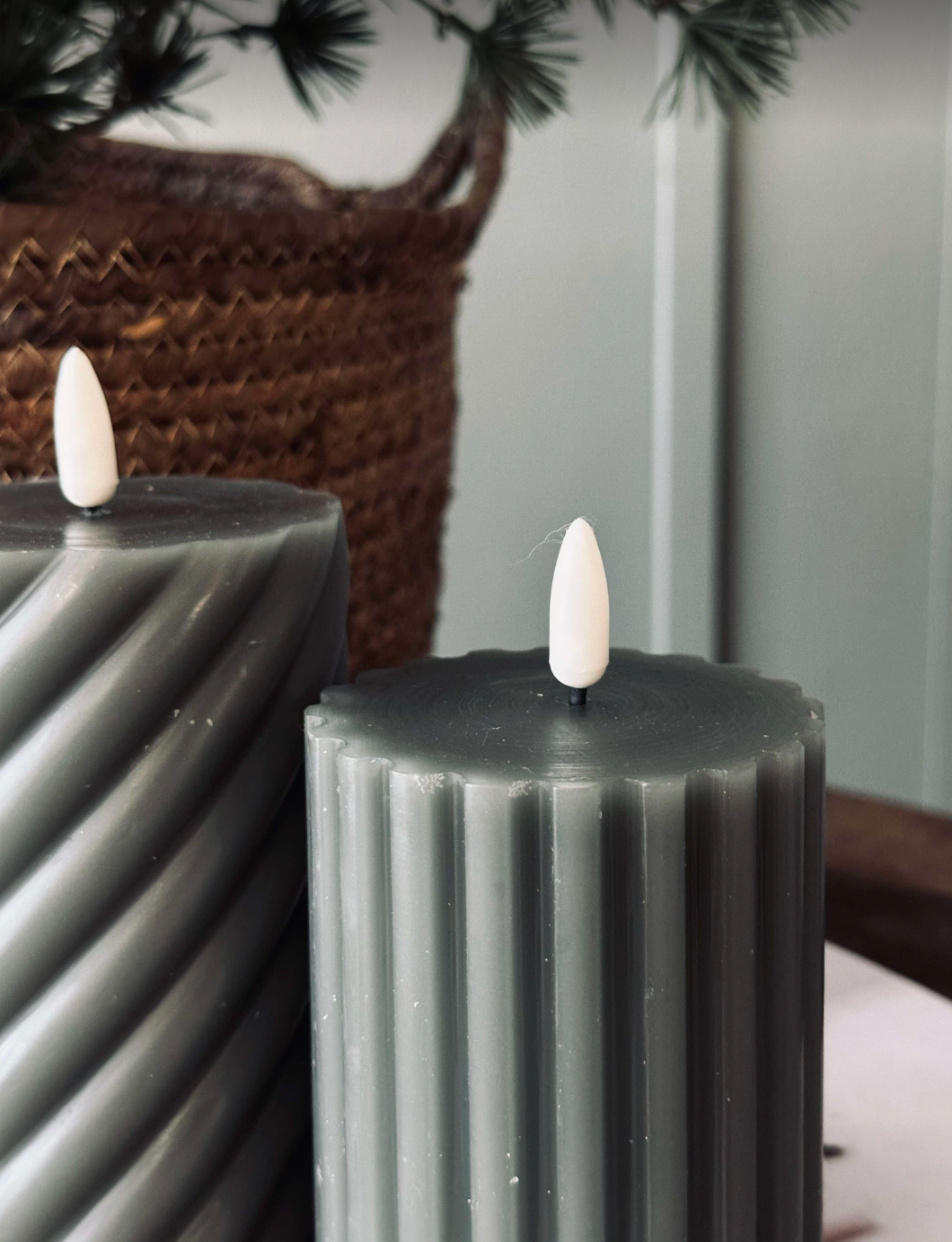 Bougie LED cylindrique / Design – lot de 2 vert rayé