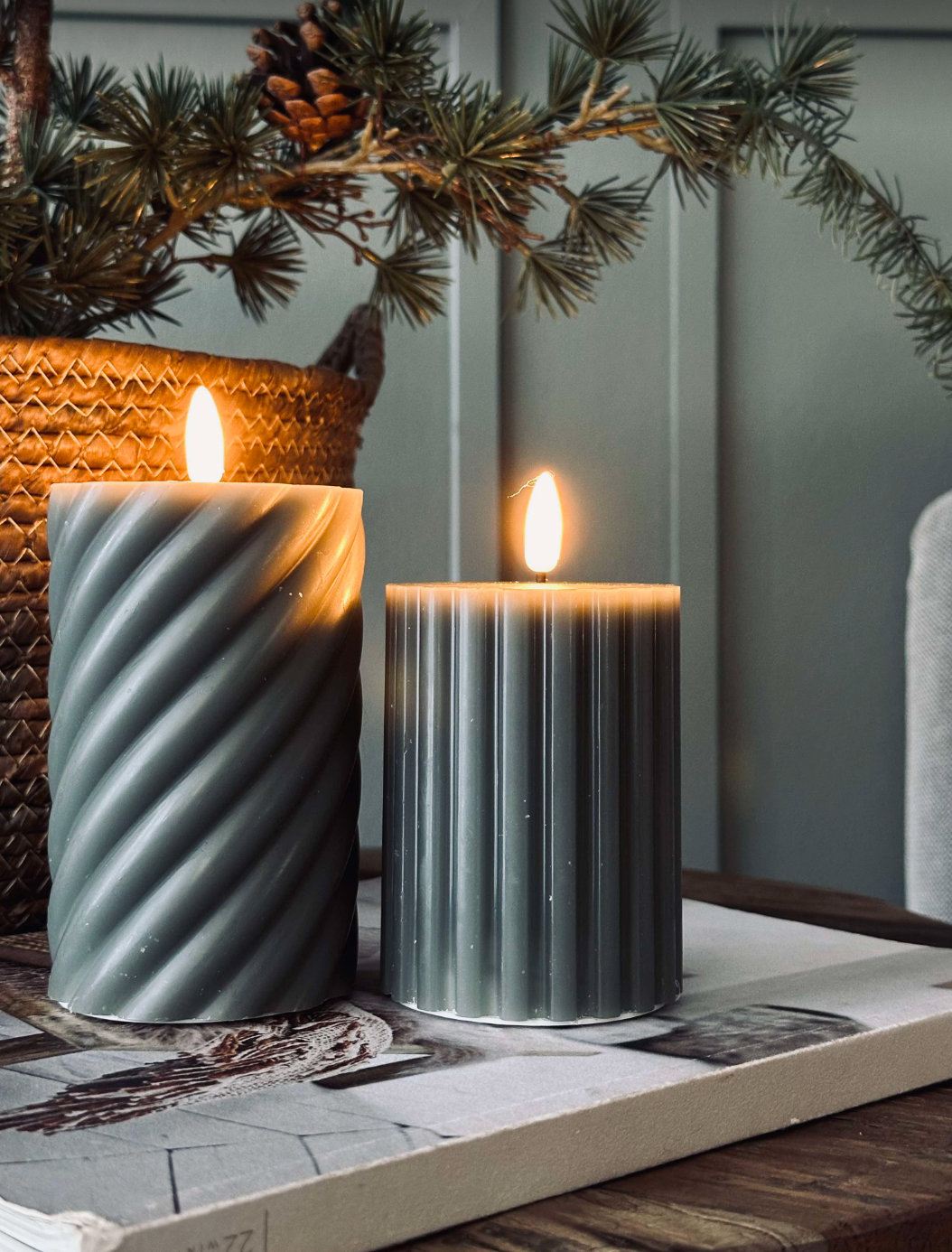 Bougie LED cylindrique / Design – lot de 2 vert rayé