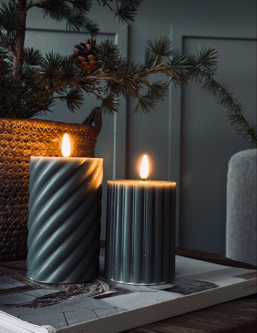 Bougie LED cylindrique / Design – lot de 2 vert rayé