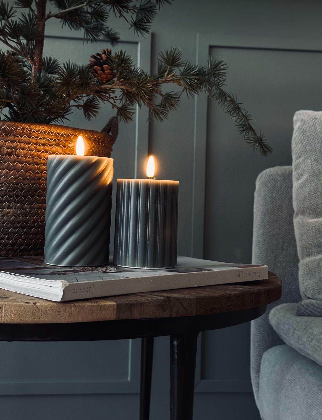 Bougie LED cylindrique / Design – lot de 2 vert rayé