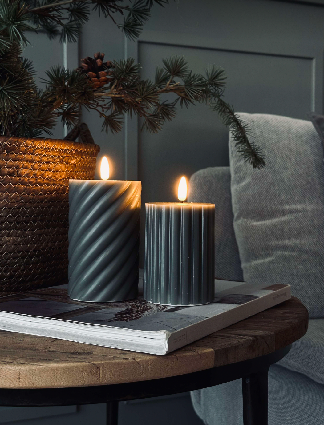 Bougie LED cylindrique / Design – lot de 2 vert rayé