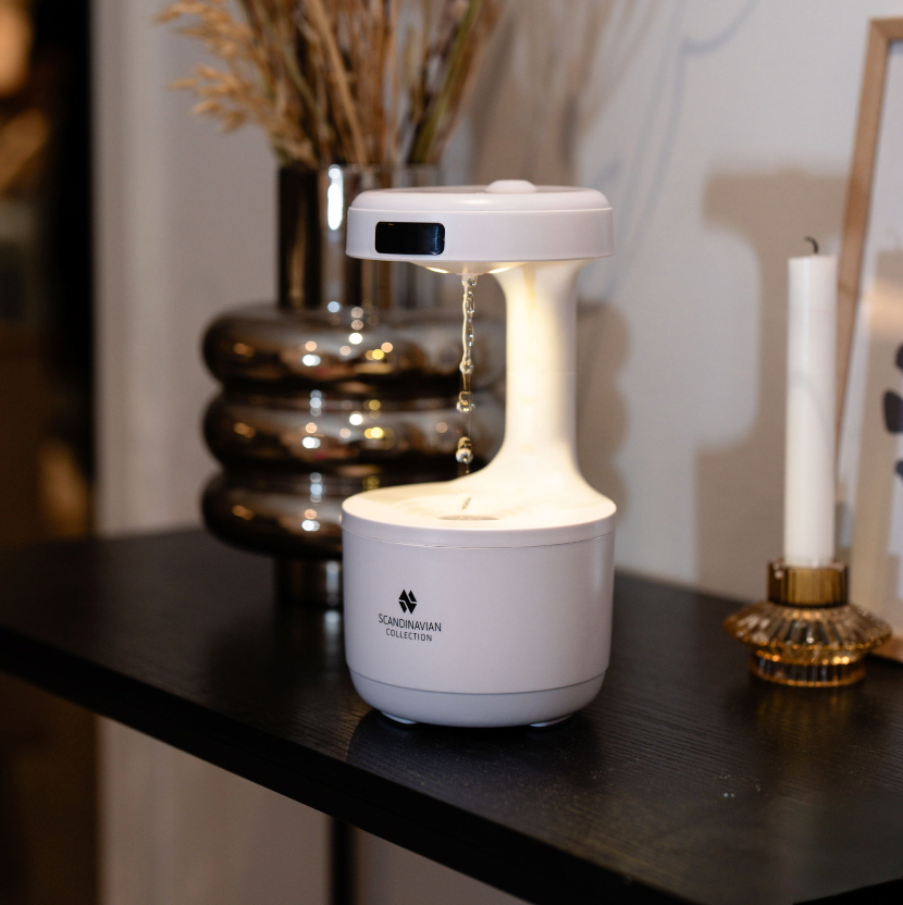 Humidificateur avec effet antigravité, gouttes d’eau et horloge