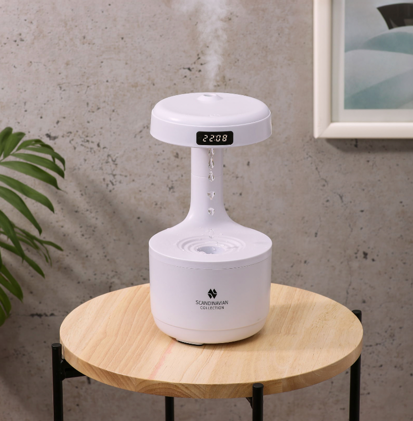 Humidificateur avec effet antigravité, gouttes d’eau et horloge