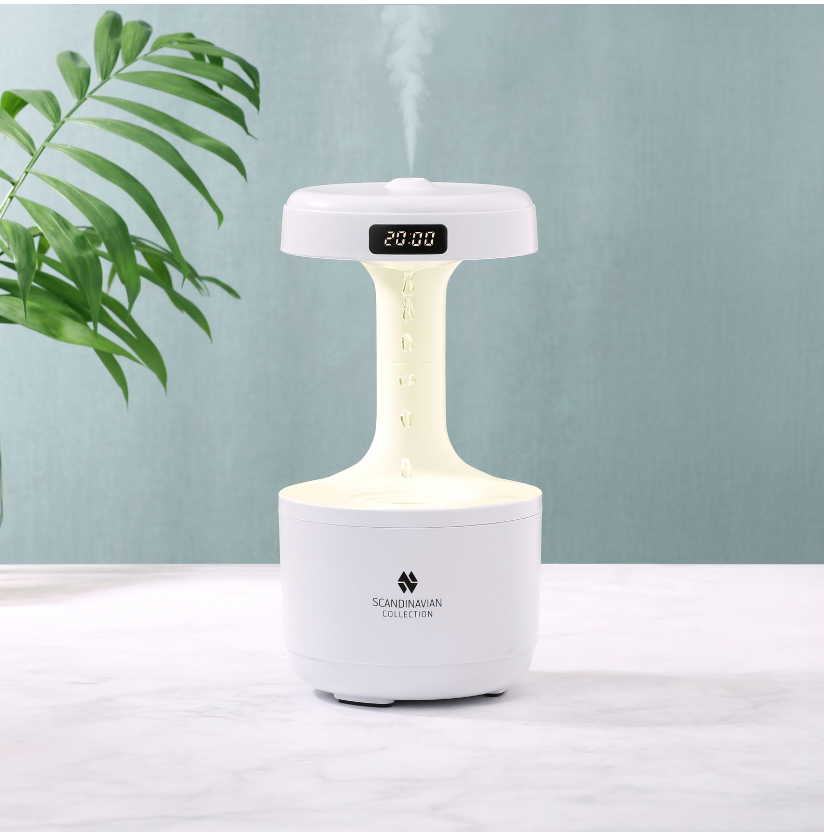 Humidificateur avec effet antigravité, gouttes d’eau et horloge