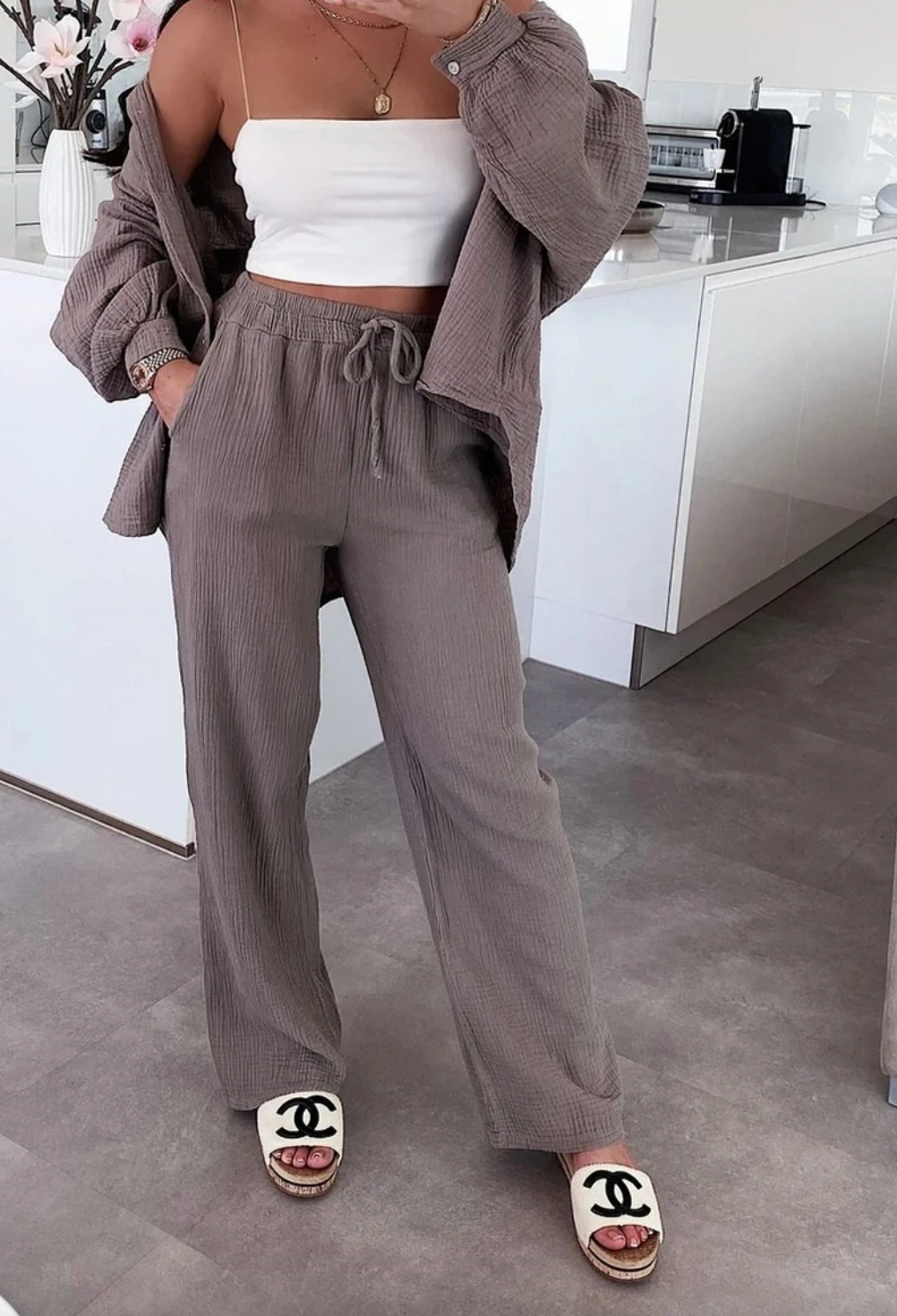 Ensemble chemise et pantalon gaufrés - Coton mocca