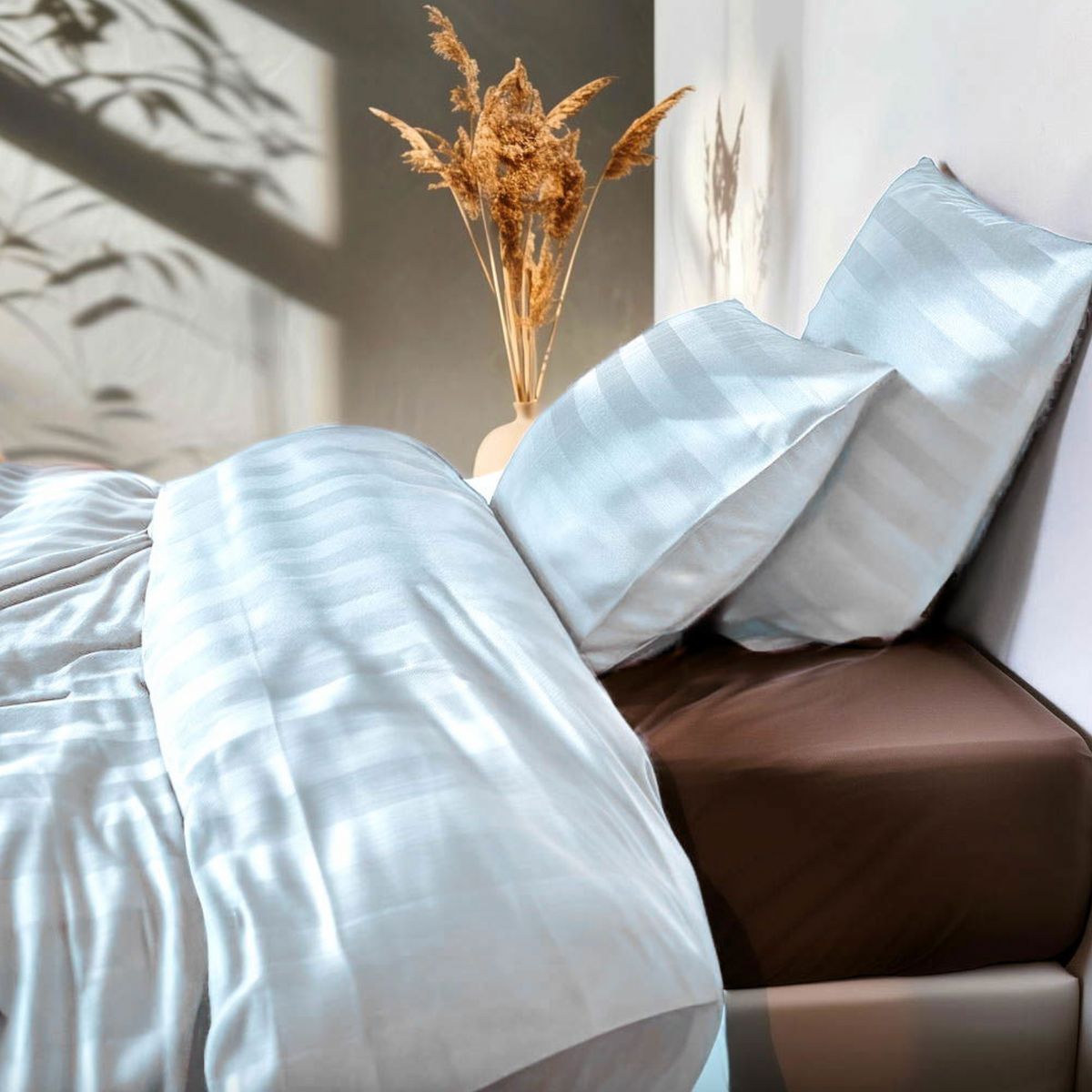 Parure de lit en satin de bambou, Bleu clair 140x200 - 63x60