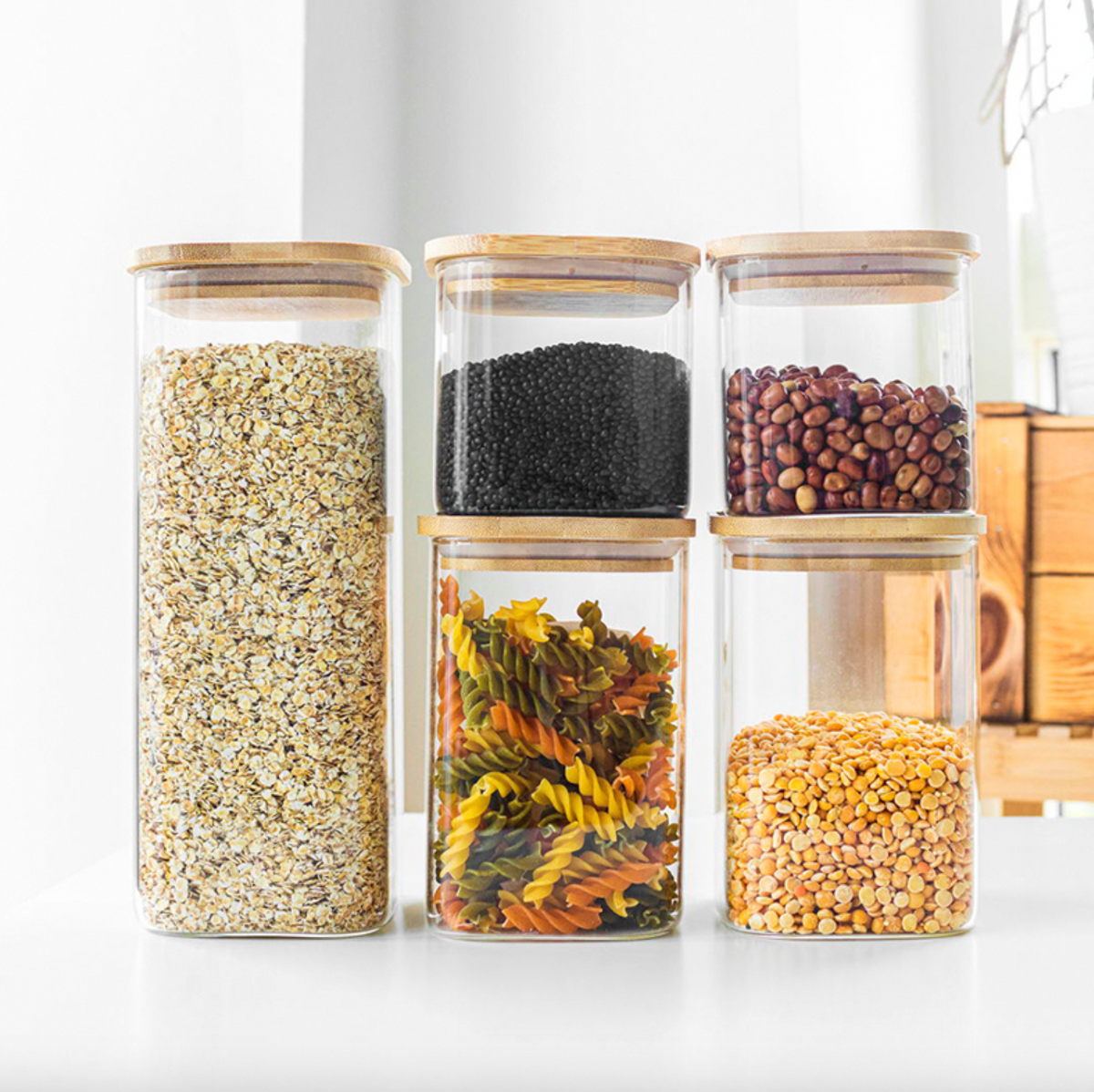 Bocaux de rangement avec couvercle en bambou – 5 pièces