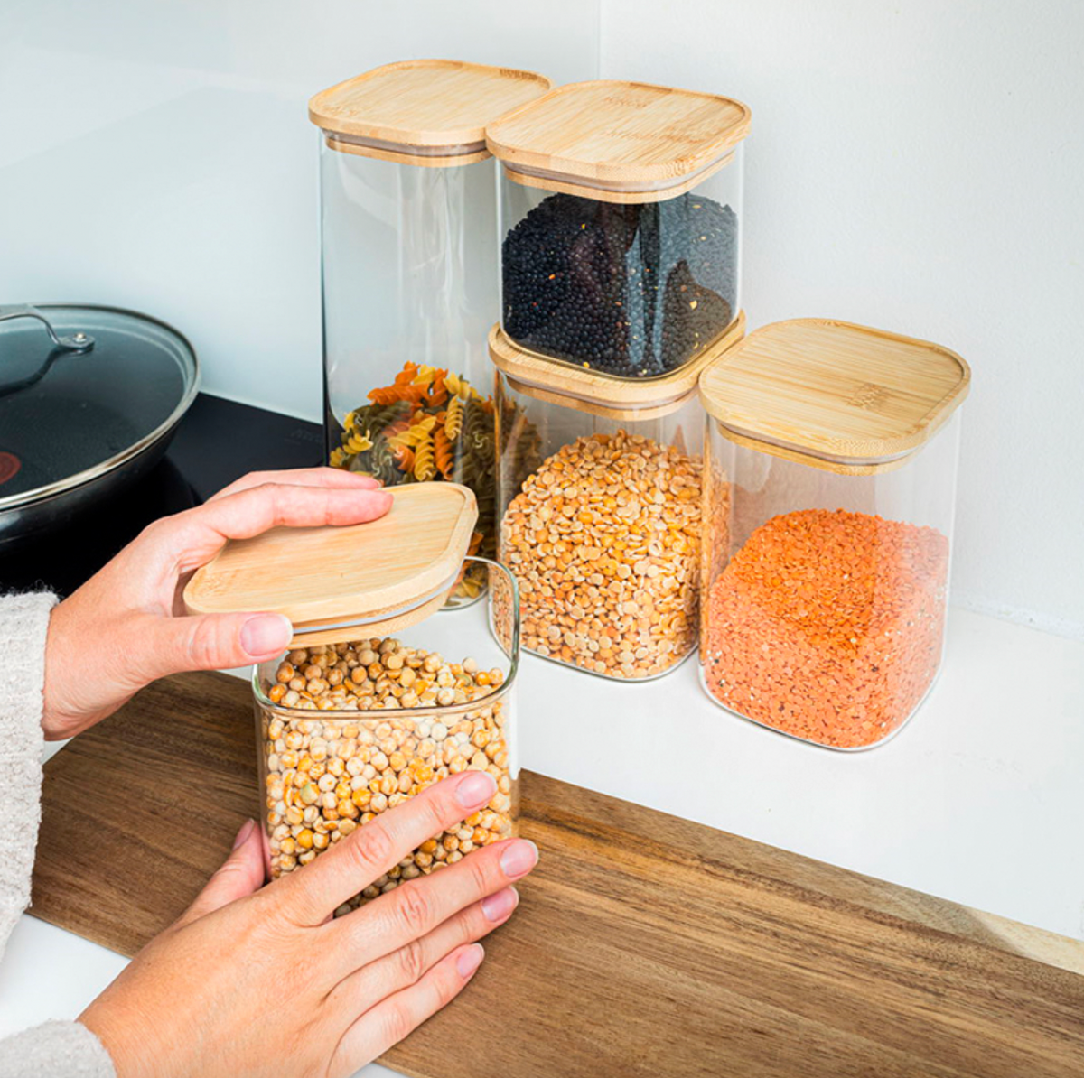 Bocaux de rangement avec couvercle en bambou – 5 pièces