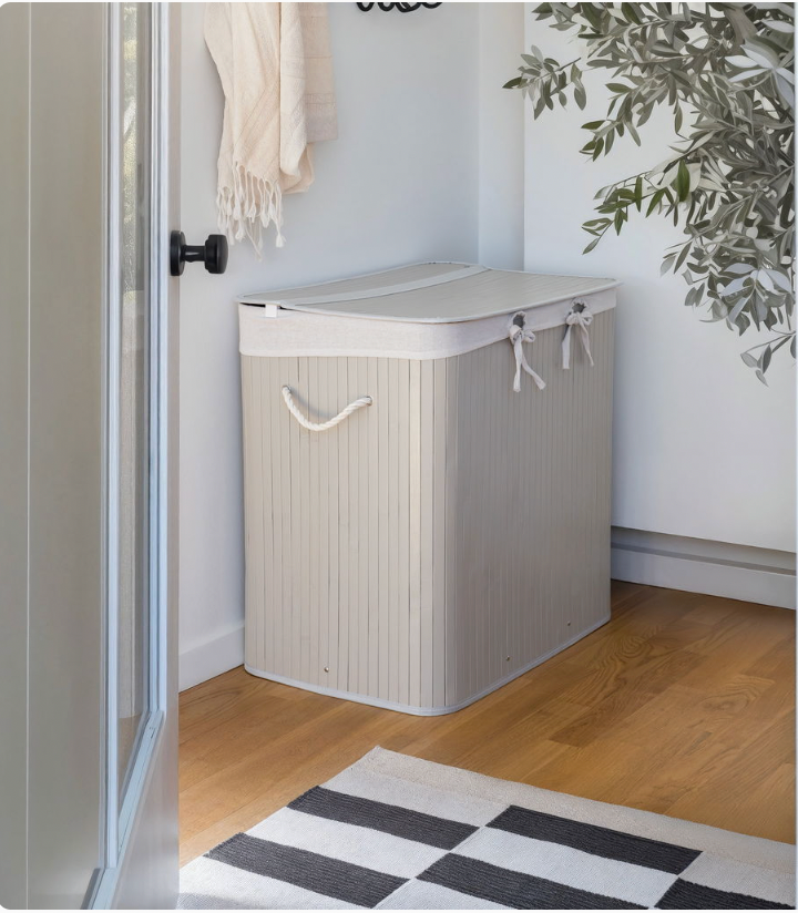 Panier à linge en bambou gris à 3 compartiments