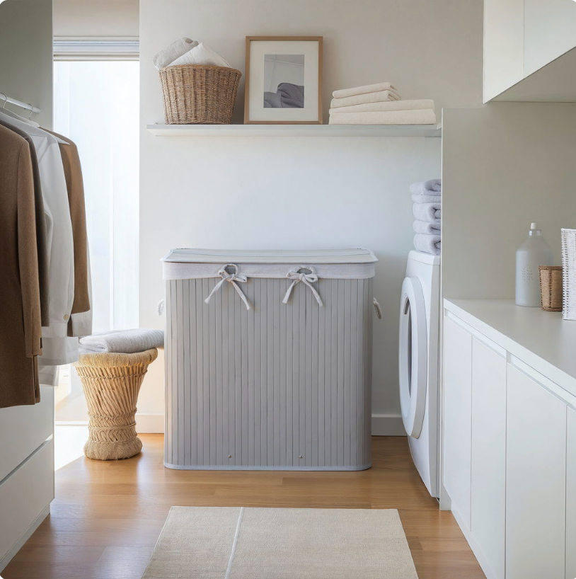 Panier à linge en bambou gris à 3 compartiments