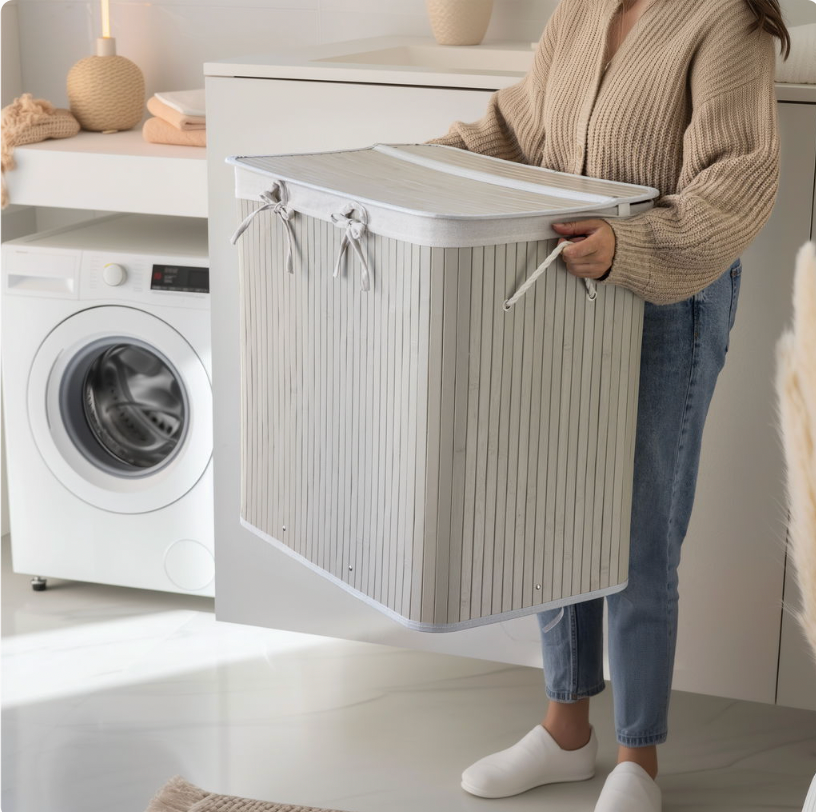 Panier à linge en bambou gris à 3 compartiments