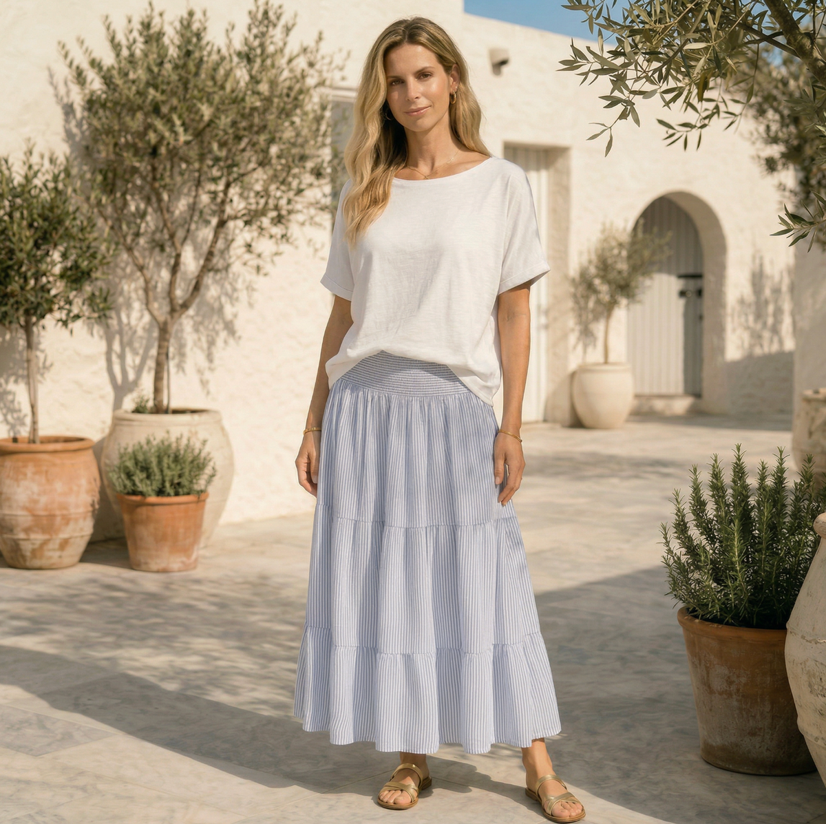 Jupe avec smocks – Rayures bleues