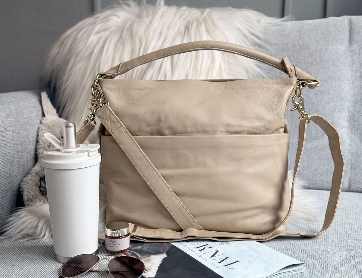 Sac à bandoulière spacieux en cuir de belle qualité - Sable