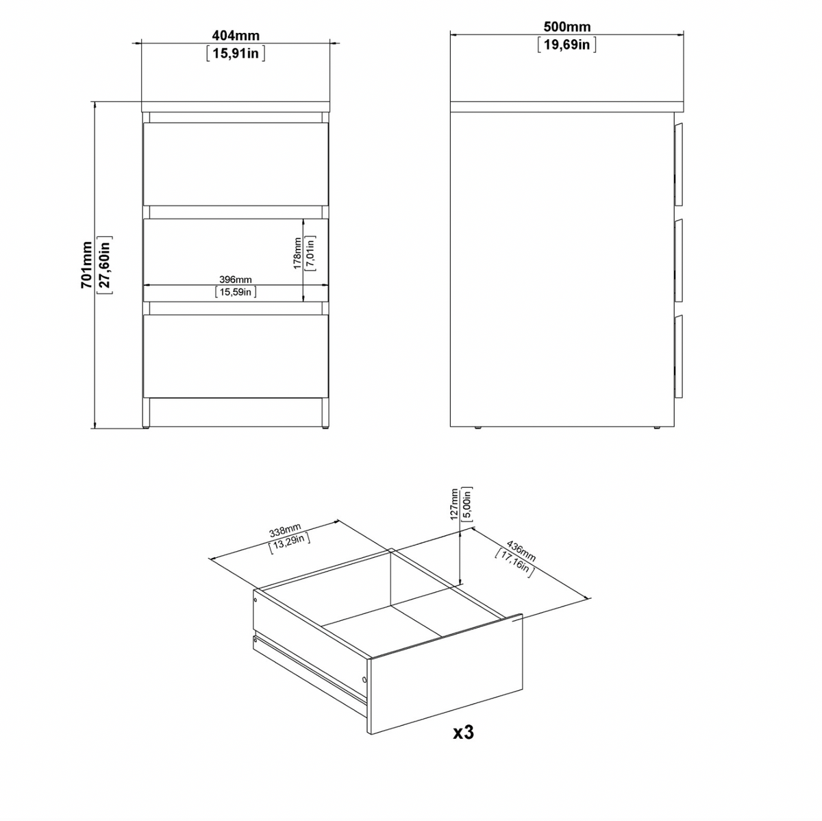 Table de chevet avec 3 tiroirs - Blanc