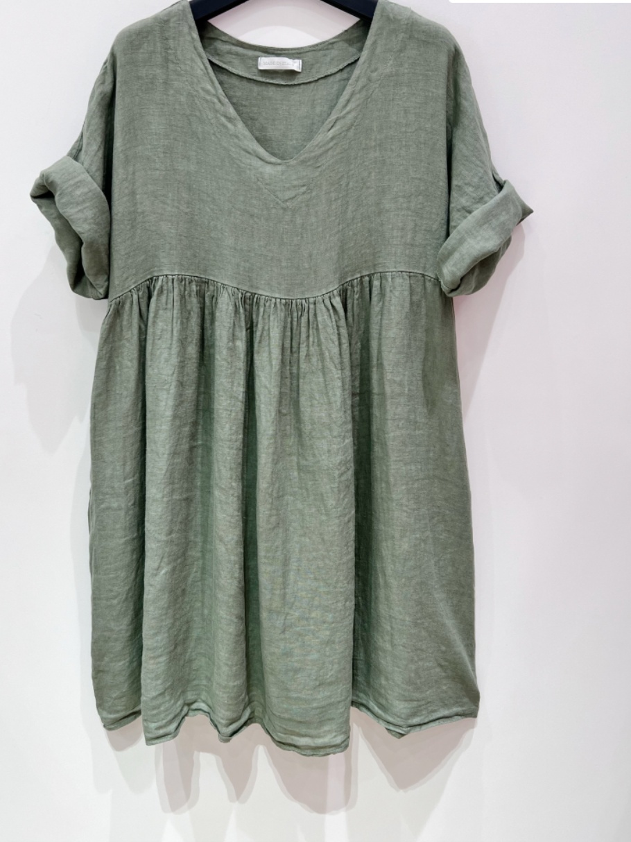 Robe en lin à col V - Dusty green