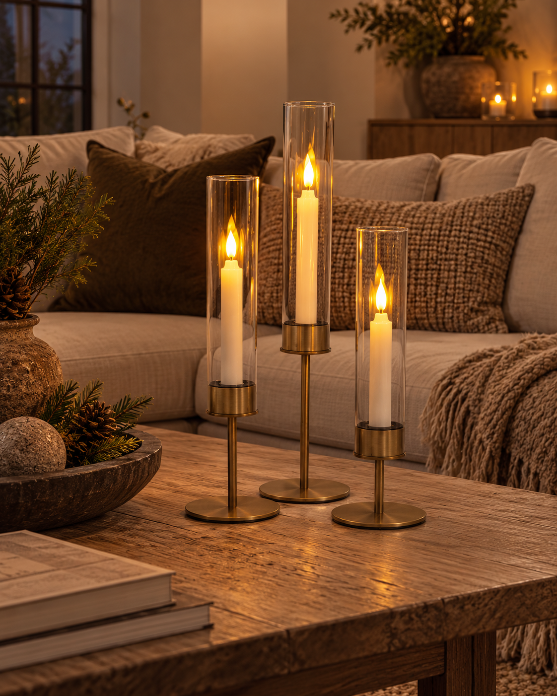 Bougeoir cylindrique avec lumière LED - Lot de 3 pièces