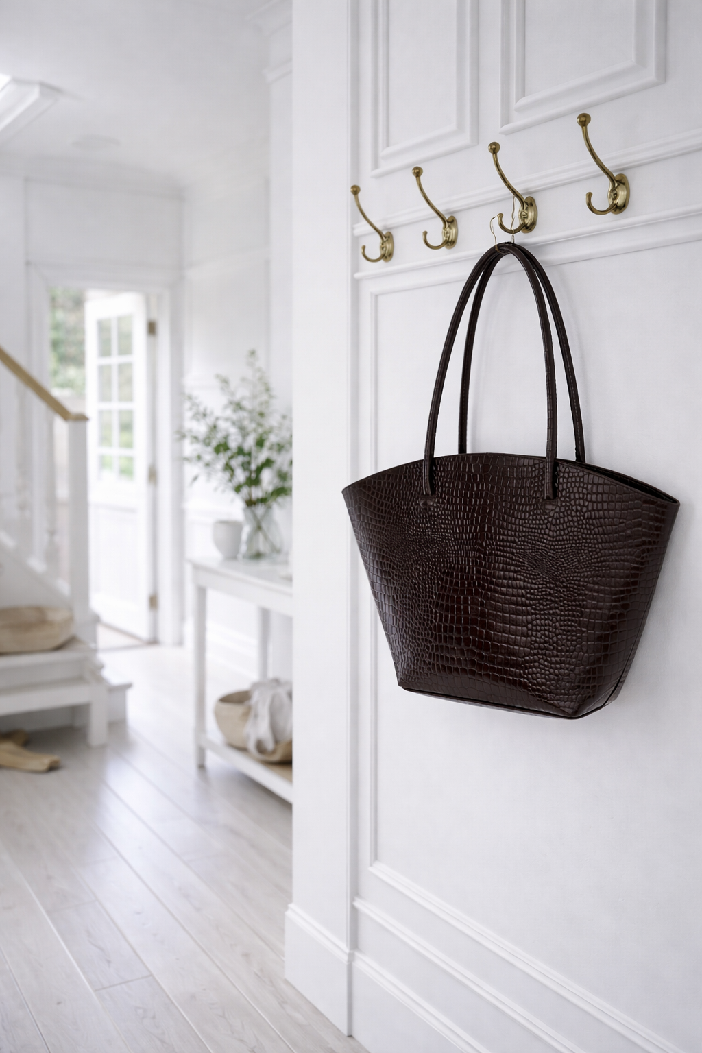 Shopper croco en cuir - Brown