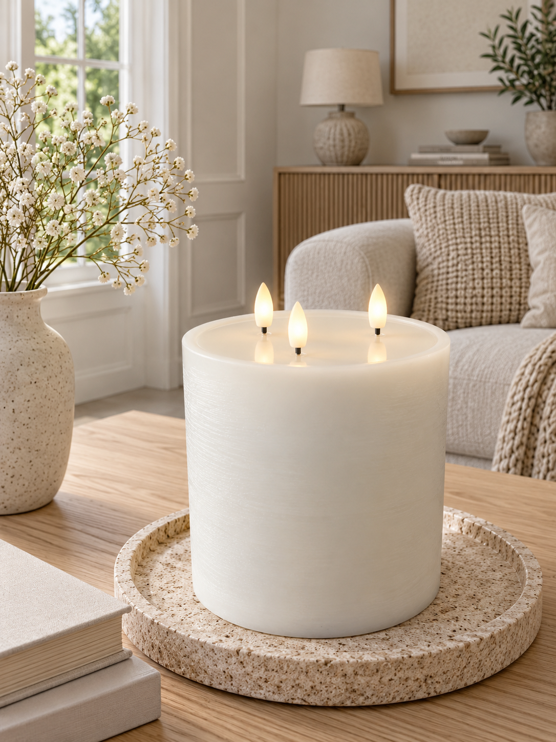 Bougie LED pilier avec 3 mèches - Whisper white