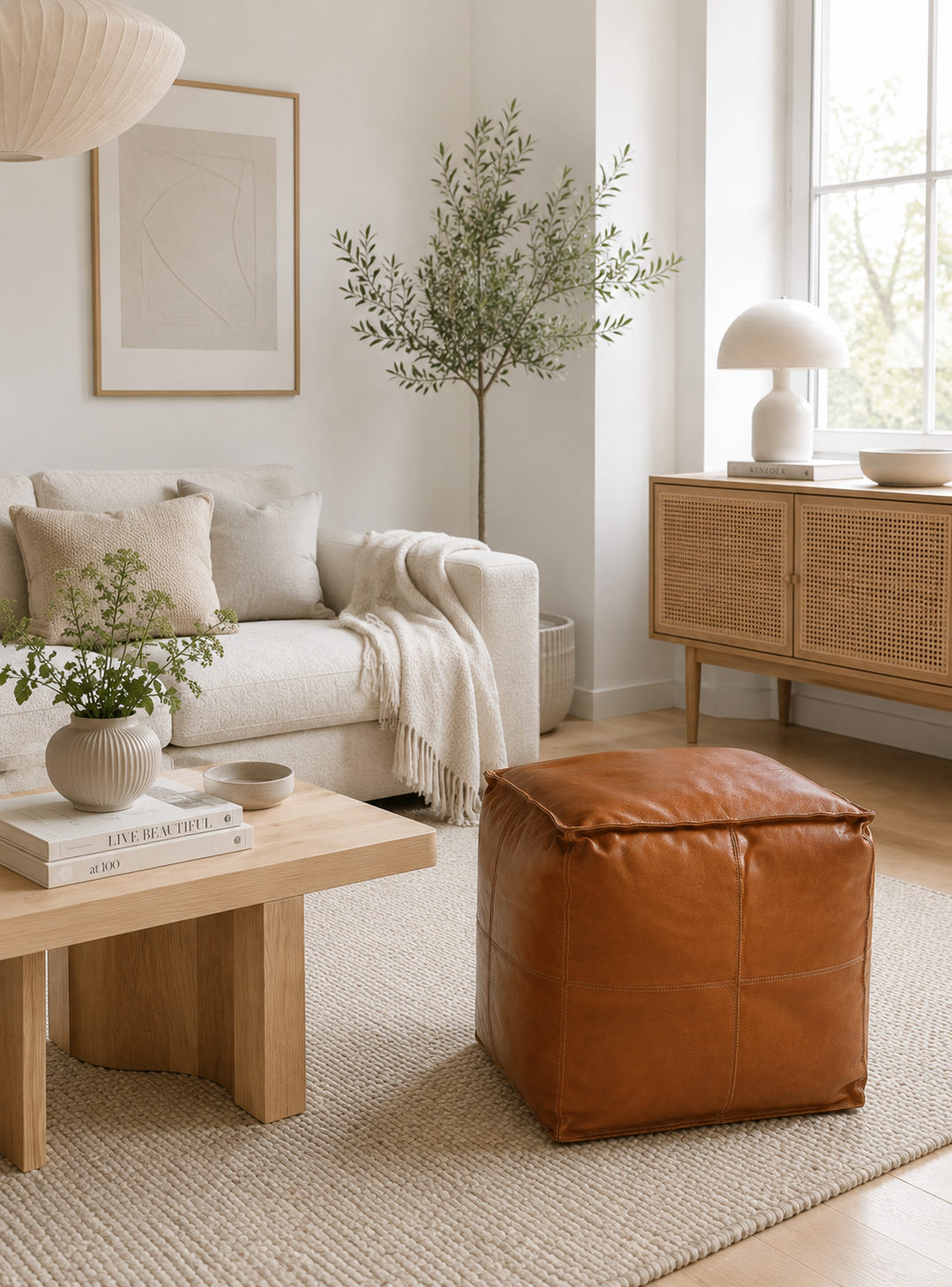 Pouf en cuir cognac