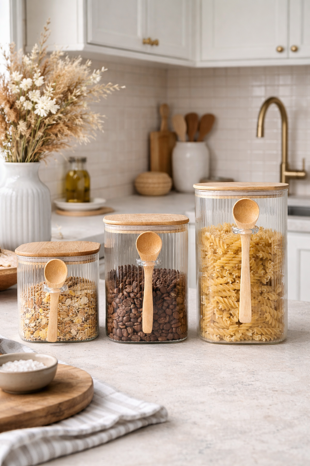 Bocal de rangement avec couvercle en bambou et cuillère - Plusieurs tailles