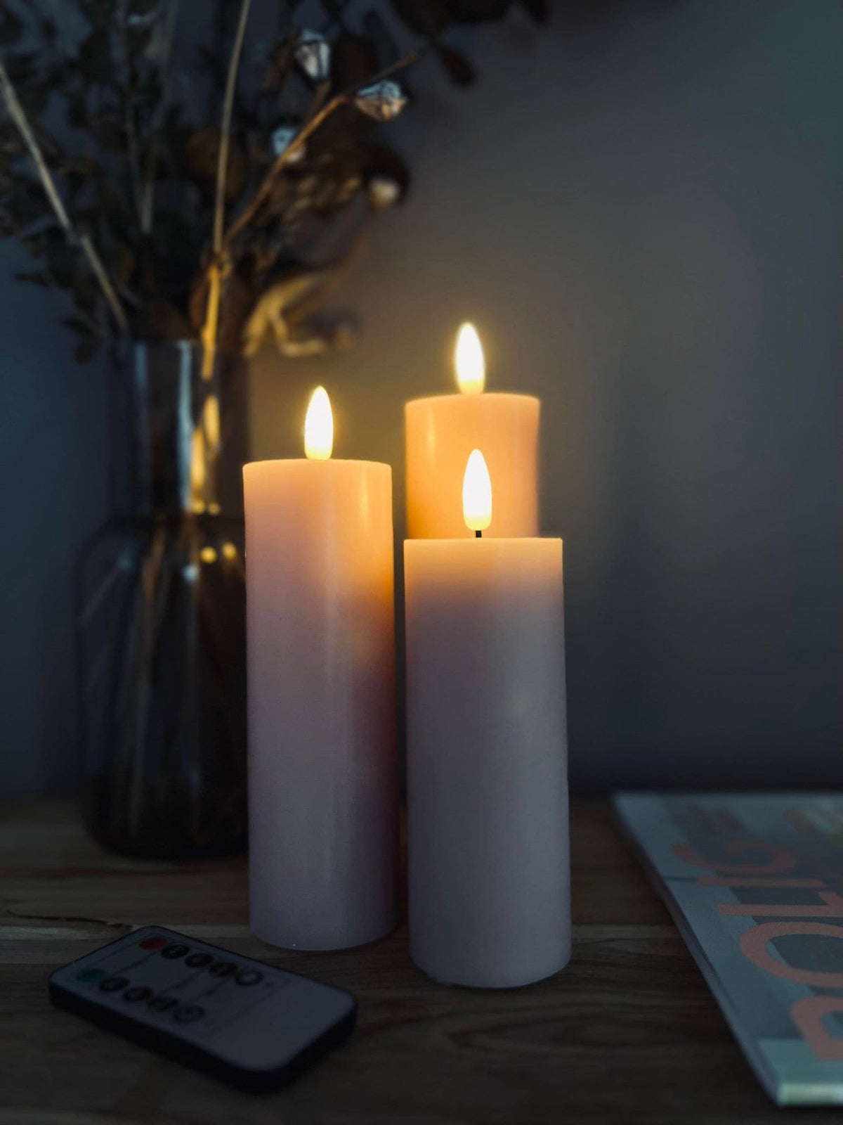 LED Bloklys / Rosa – 3 stk. Lys – Inkl. fjernbetjening - VIAMAJA.DK